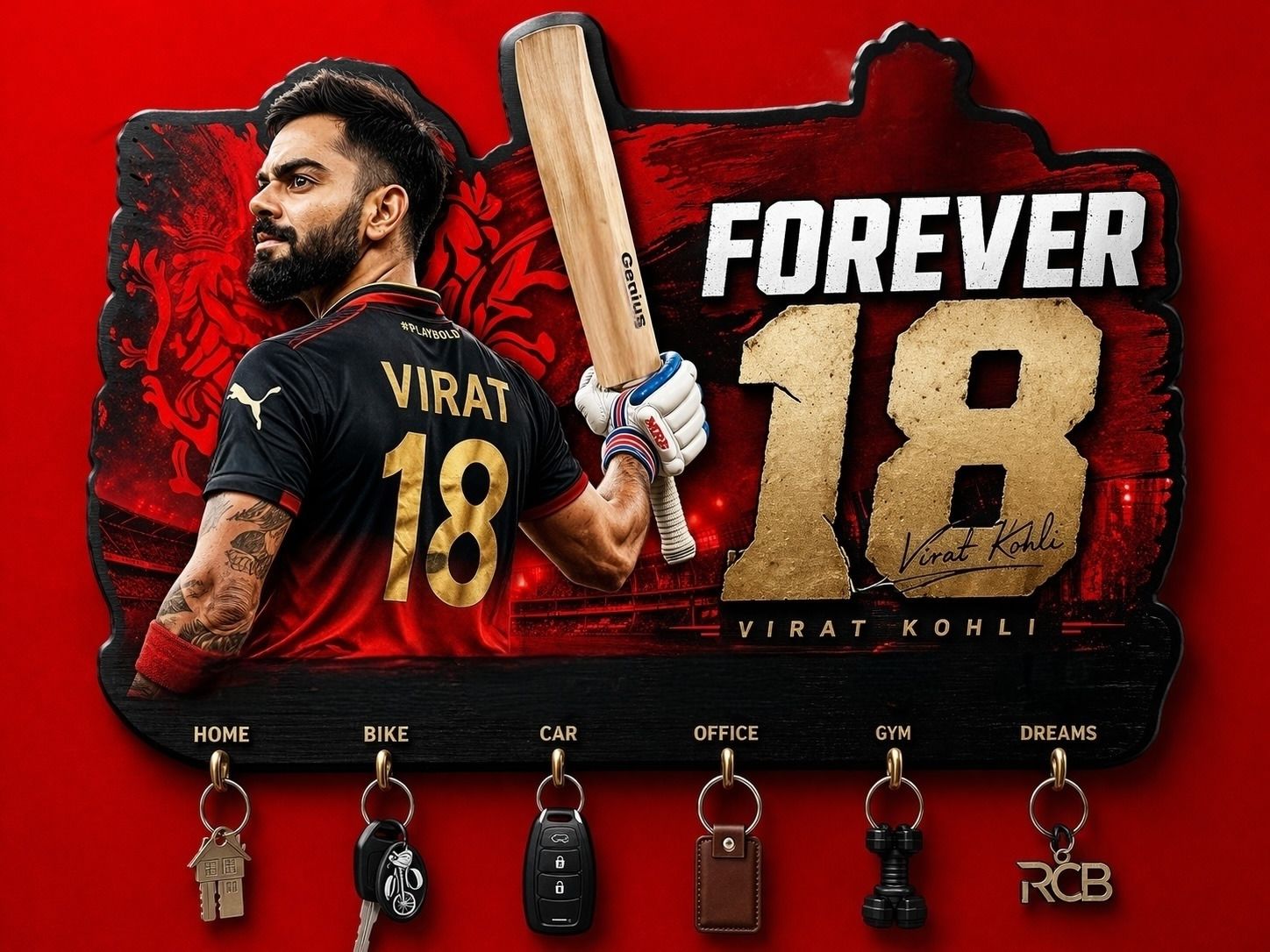 RCB 18 Forever Premium Key Holder for Wall | Virat Kohli Inspired Stylish Hanger Wood, Stainless Steel Key Holder-image-18