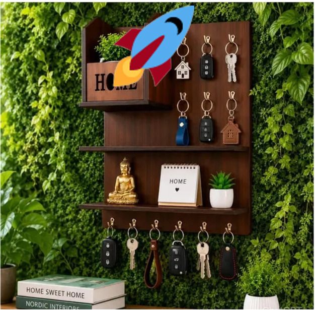 shree shyam crockery Wooden Wall Mounted Key Holder with Shelf | Home Organizer | Brown Wood Key Holder-picture-41