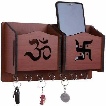 2 pocket with pen stand holder for home office bedroom Design26(Om Swastik) Wood Key Holder-image-41