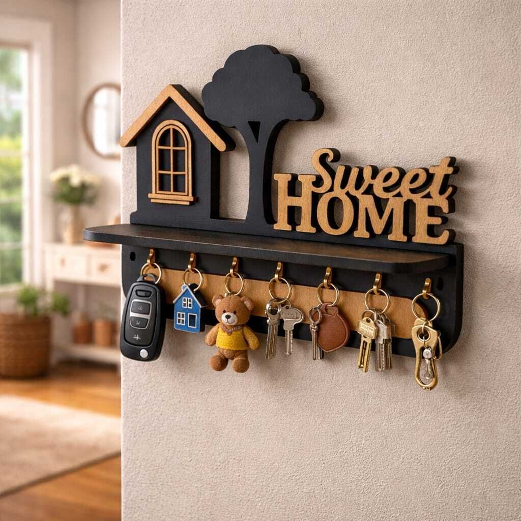 bagru crafts Sweet Home Wooden Style Wall Key Holder with Multiple Hanging Hooks Wood Key Holder-picture-14