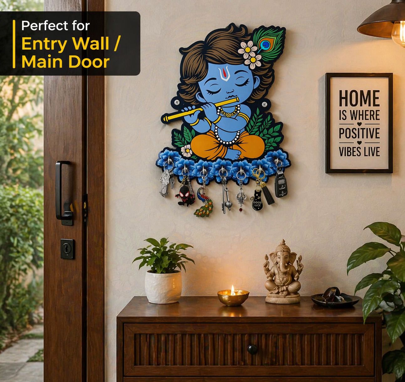 Baby Krishna Wall Hanging Key Holder | Baby Krishna Flute Design Wood Key Holder-image-49