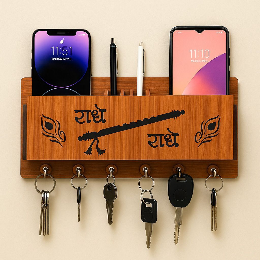 sushobha traders Devotional Wooden Designer Radhe_Radhe Engraved Multi-Functional Wall Mounted Wood Key Holder-picture-22