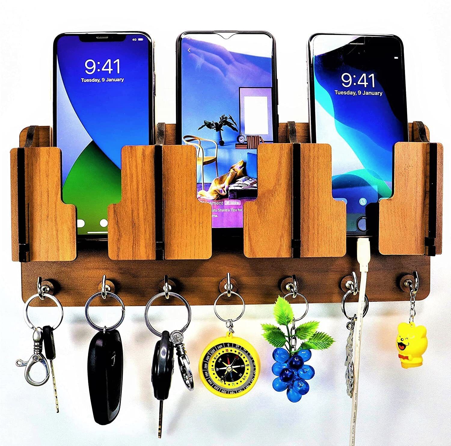 pawandeep 2 Pocket Mobile Stand Holder for Wall | Key Holder for Wall Furniture for Home Wood Key Holder-picture-25