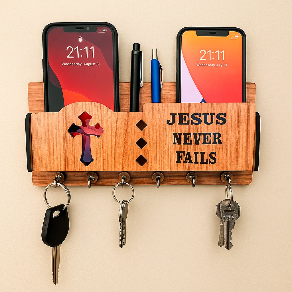 Designer Wooden Engraved Jesus Never Fails Multi-Functional Wall Mounted Wood Key Holder-image-35