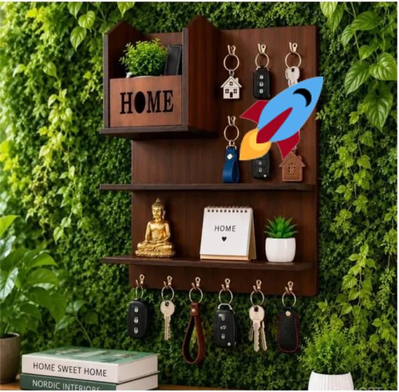 shree shyam crockery Wooden Wall Mounted Key Holder with Shelf | Home Organizer | Brown Wood Key Holder-picture-35