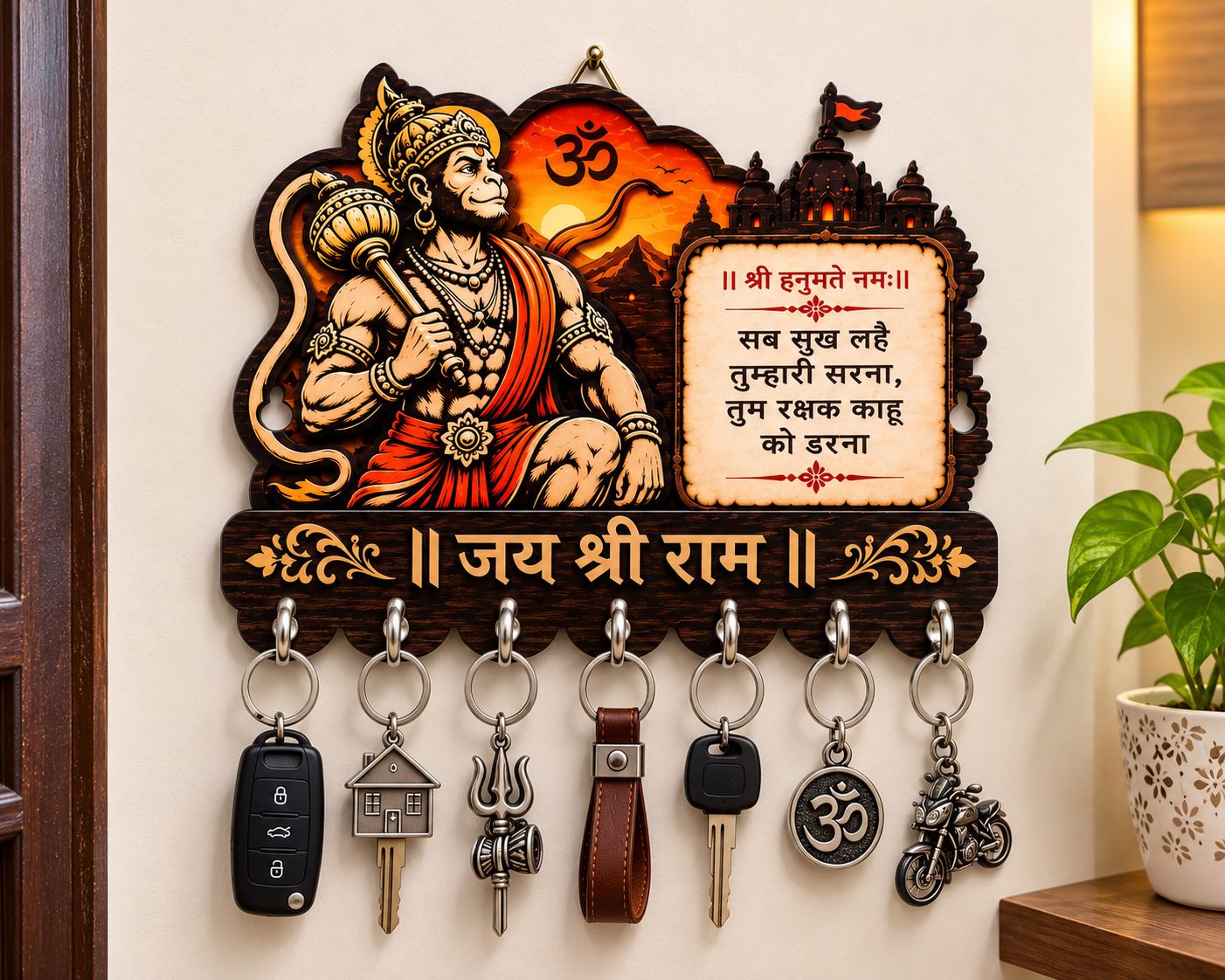 capio art Decorative Wooden Lord Hanuman & Jai Shree Ram Key Hanger/Home Decor/Key holder Wood, Stainless Steel Key Holder-picture-18
