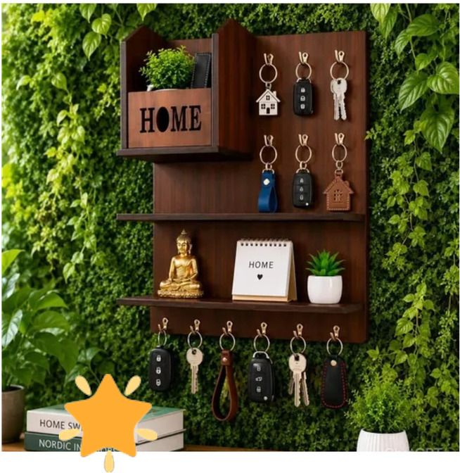 shree shyam crockery Wooden Wall Mounted Key Holder with Shelf | Home Organizer | Brown Wood Key Holder-picture-17