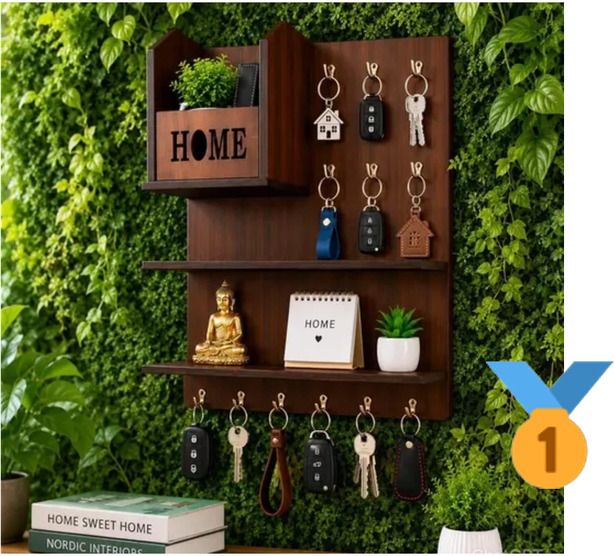 shree shyam crockery Wooden Wall Mounted Key Holder with Shelf | Home Organizer | Brown Wood Key Holder-picture-39