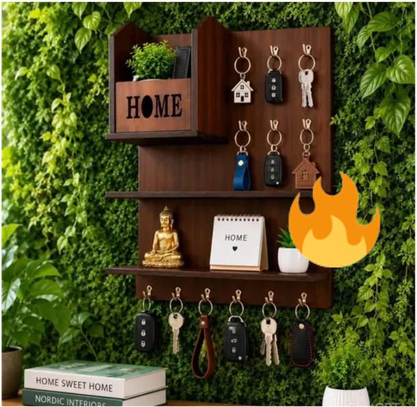 shubhamcraftssss Wooden Wall Mounted Key Holder with Shelf | Home Organizer | Brown Wood Key Holder-picture-40