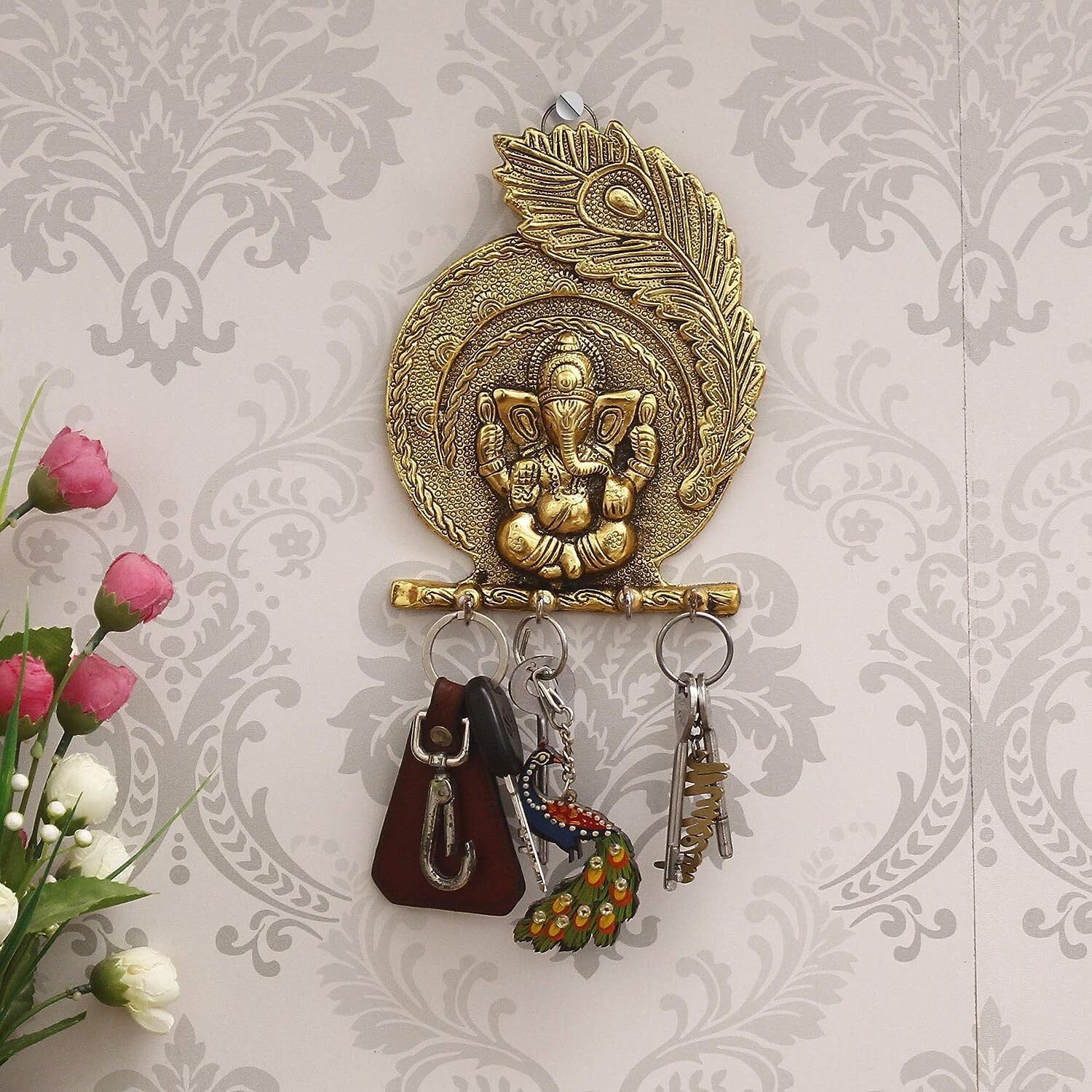 chhariya crafts Metal Ganesh With Peacock Feather Aluminium Key Holder-picture-16