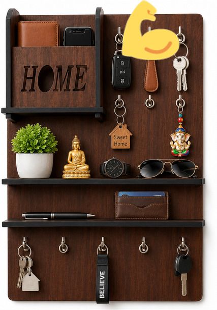 shree shyam crockery Wooden Wall Mounted Key Holder with Shelf | Home Organizer | Brown Wood Key Holder-picture-11