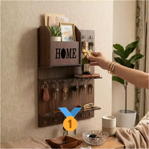 shubhamcraftssss Wooden Wall Mounted Key Holder with Shelf | Home Organizer | Brown Wood Key Holder-picture-42