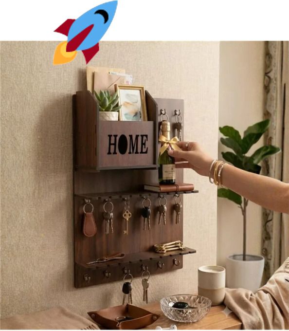 shubhamcraftssss Wooden Wall Mounted Key Holder with Shelf | Home Organizer | Brown Wood Key Holder-picture-44
