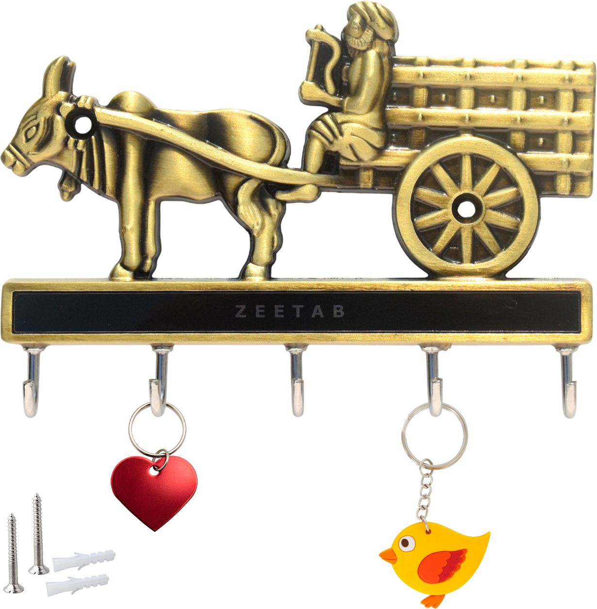 zeetab Metal Bailgadi Key Stand, Antique Handicraft Bullock Cart Wall Mount Key Hanger Brass Key Holder-picture-23