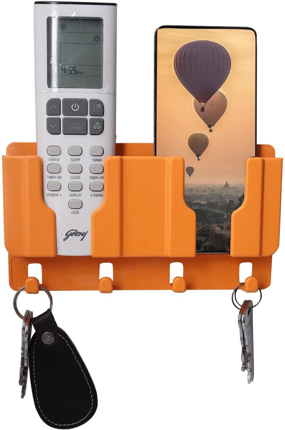 thekiteco. Wall Mount Mobile/Remote Stand with Space for 2 Mobiles & Key Hanger - Orange Mobile Holder-picture-28