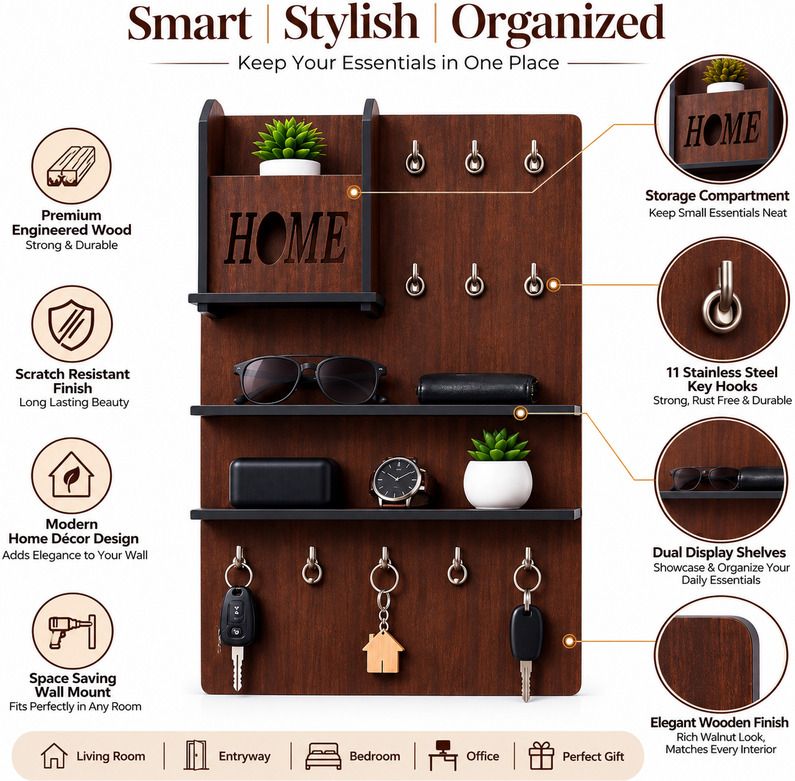 shubhamcraftssss Wooden Wall Mounted Key Holder with Shelf | Home Organizer | Brown Wood Key Holder-picture-21