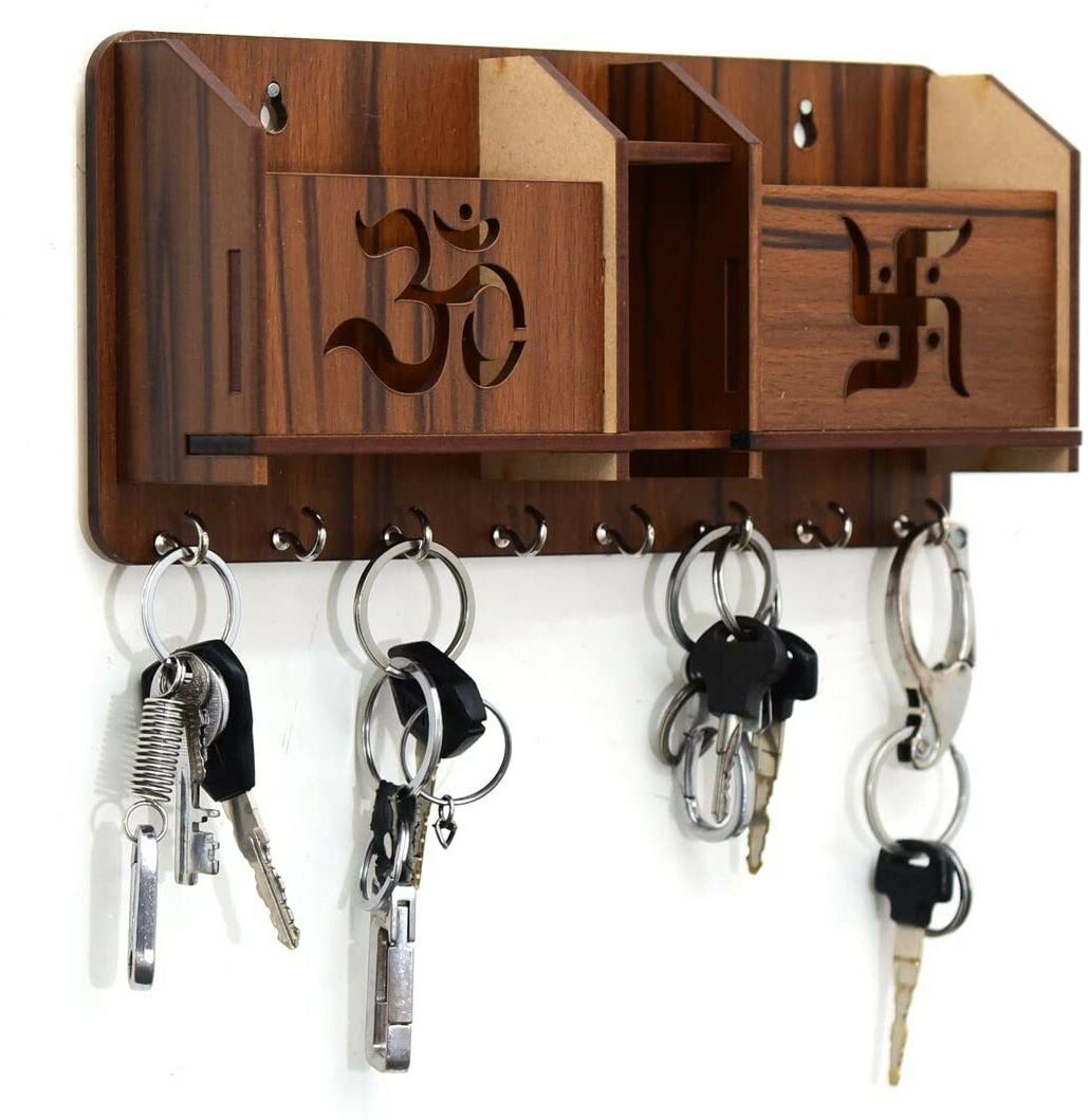 Om Swastik Key Holder With Double Phone Stand Wood Key Holder-image-39