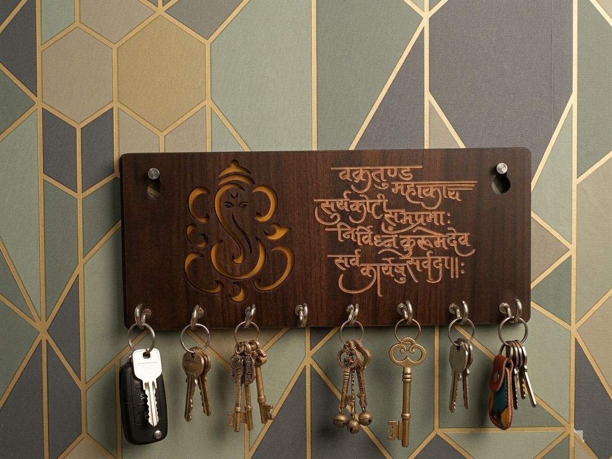 shivarjun Wooden Wall key holder. Ganesha Image & Mantra. 8 hooks. Wall hanging & Sticky. Wood, Steel Key Holder-picture-19