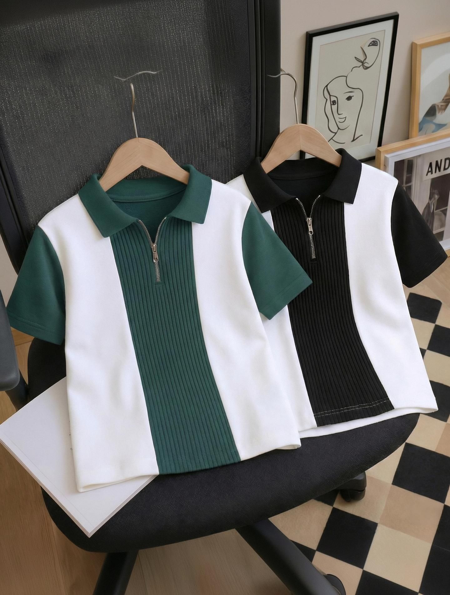 Men Colorblock Polo Neck Cotton Blend Dark Green, Black T-Shirt-image-11
