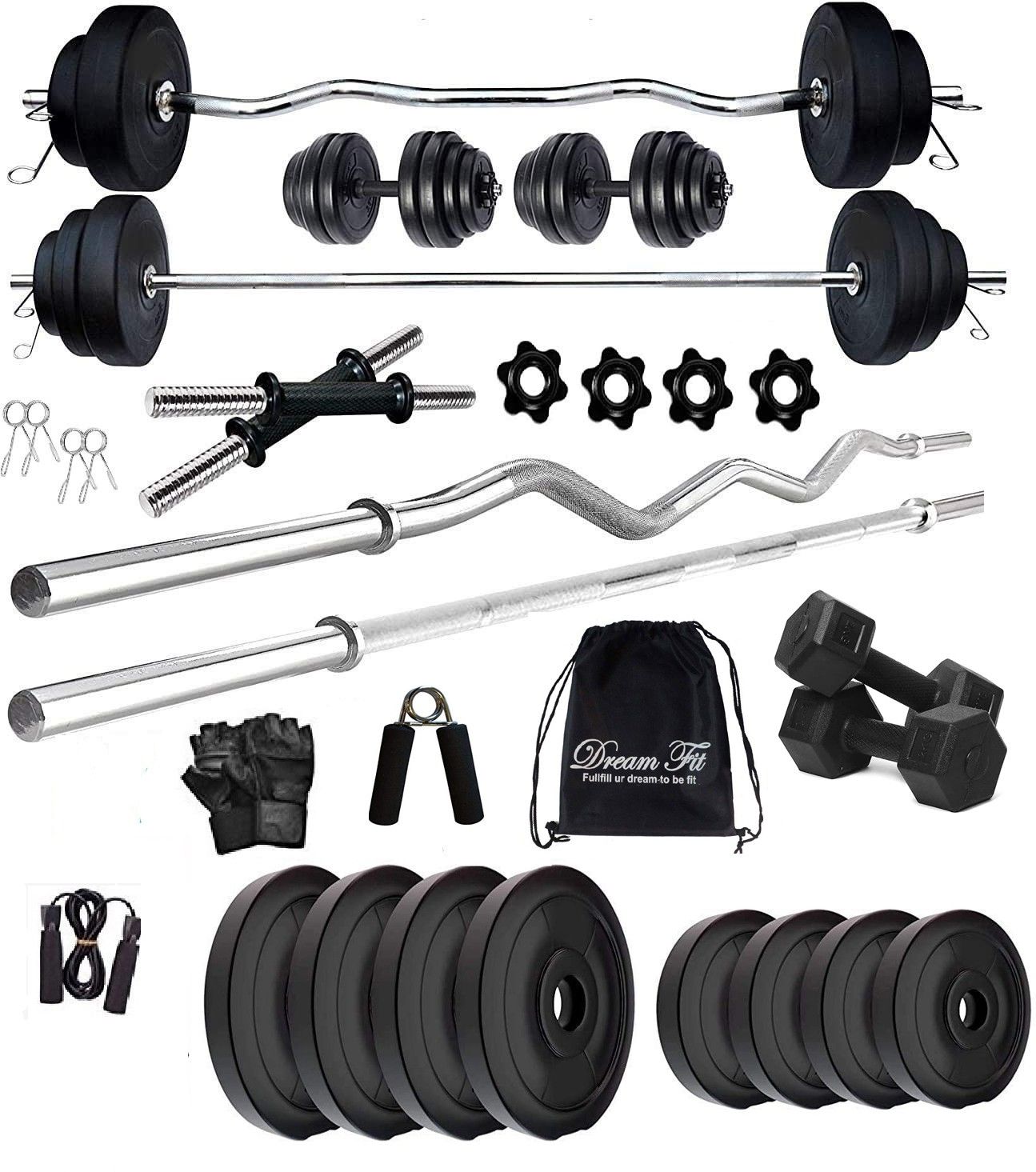30 kg 30 kg with Staight , Curl Rod , pair of 2 kg pvc Hex Dumbbells Home Gym Combo