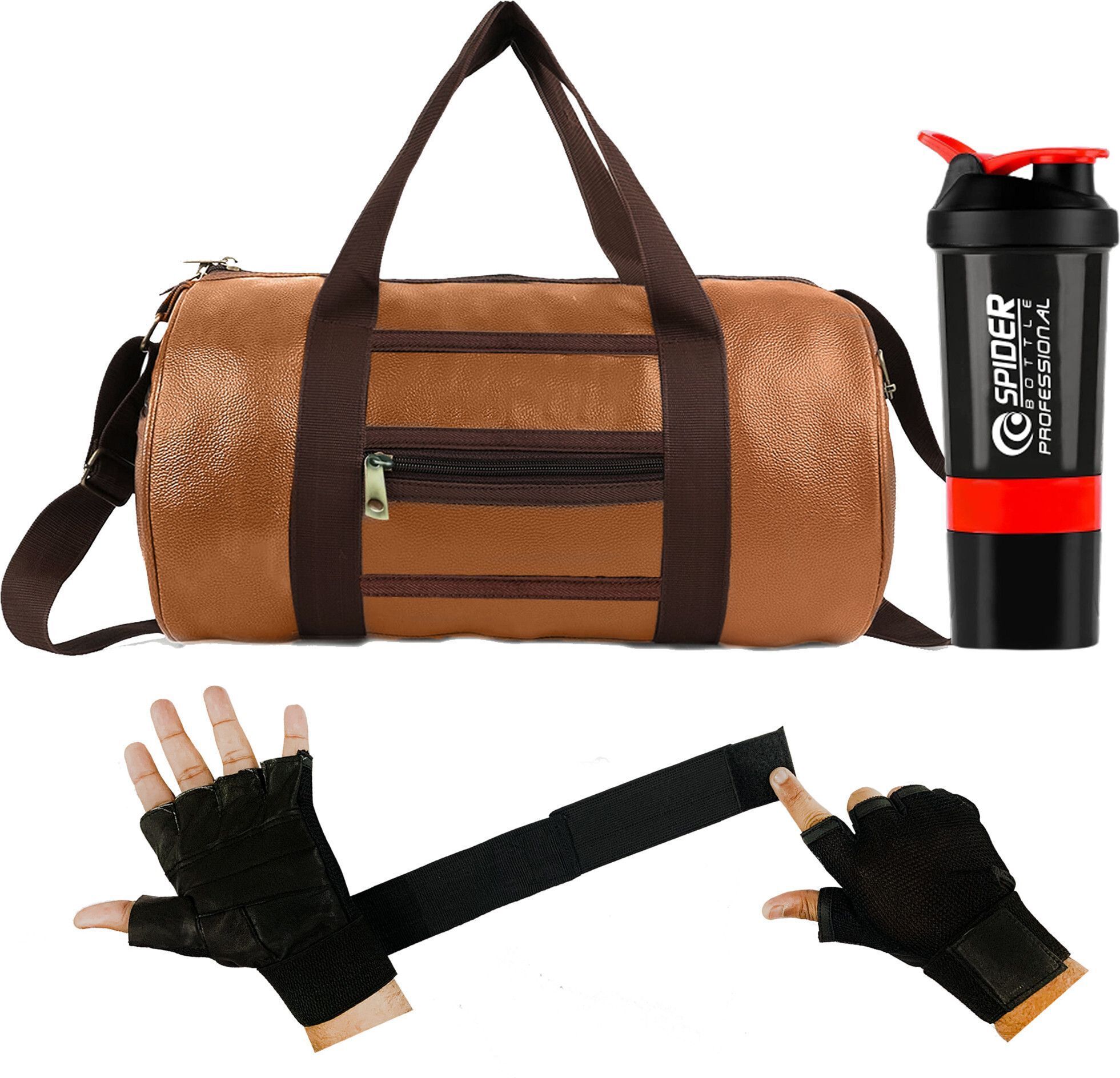 Gym Front Zip Bag Tan Leather Bag Shaker Bottle Gloves with Long Wrist Strap Fitness Accessory Kit Kit-image-7