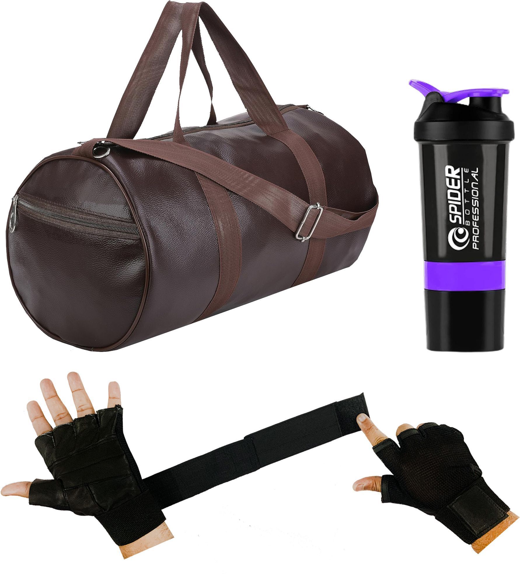 Gym Duffle Bag Brown Leather Bag Shaker Bottle Gloves with Long Wrist Strap Fitness Accessory Kit Kit-image-8