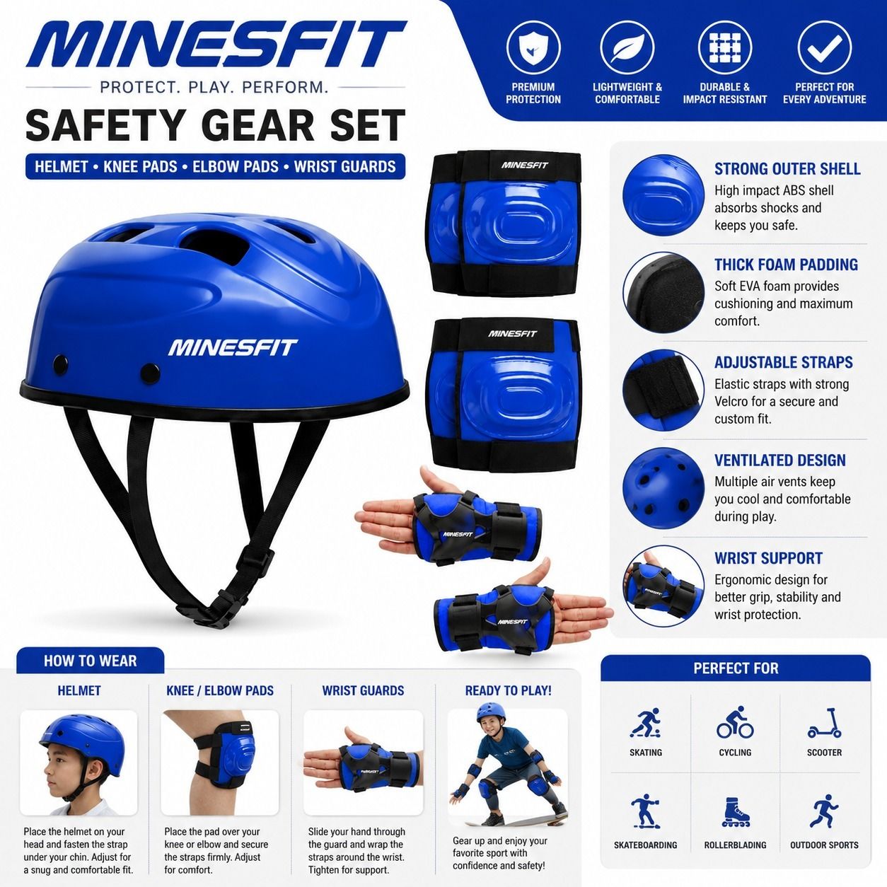 Kids Safety Gear Set - Helmet, Knee/Elbow Pads & Wrist Guards for Kids Skating Kit-image-2