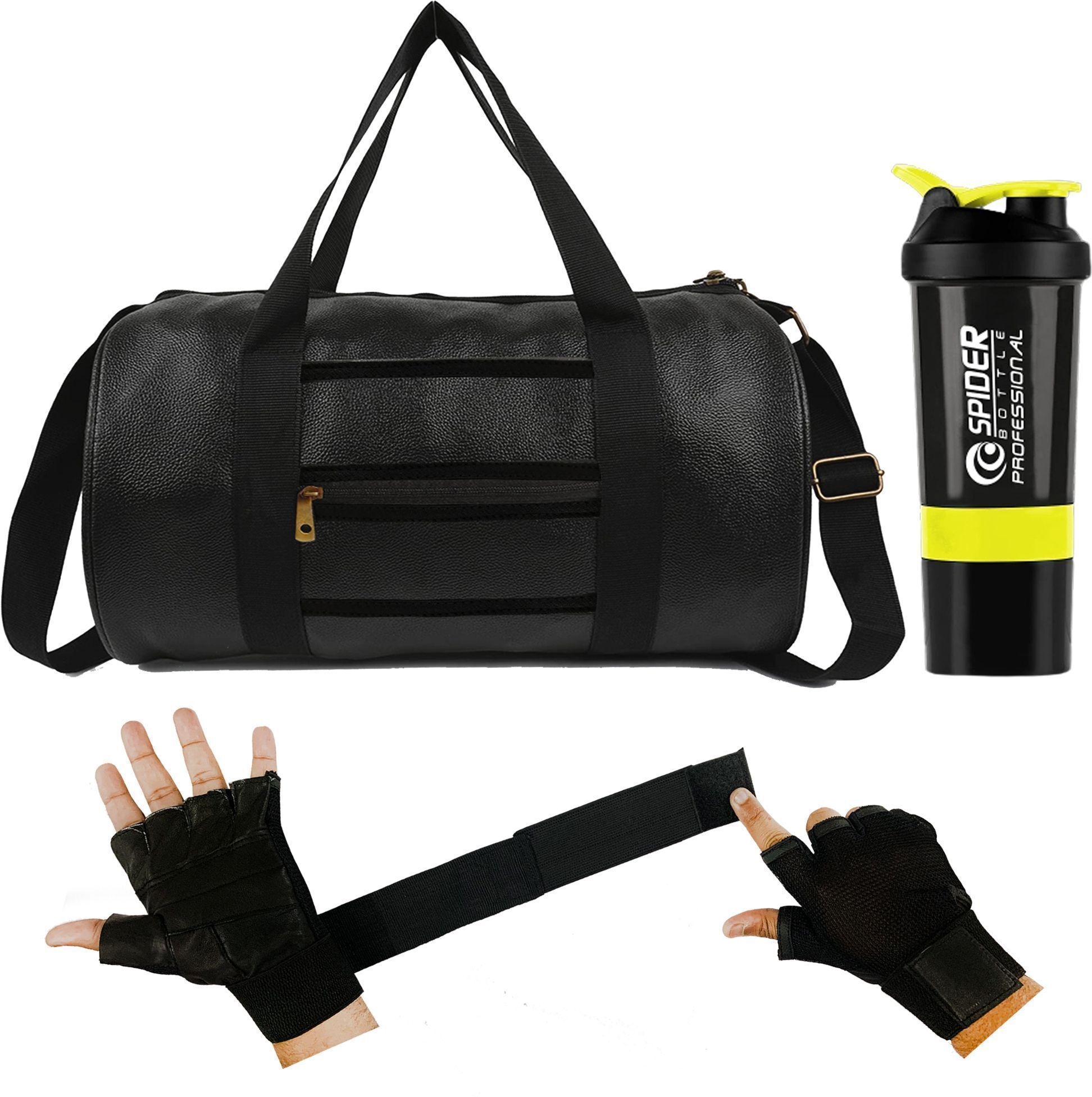 Gym Front Zip Bag Black Leather Bag Shaker Bottle Gloves with Long Wrist Strap Fitness Accessory Kit Kit-image-0