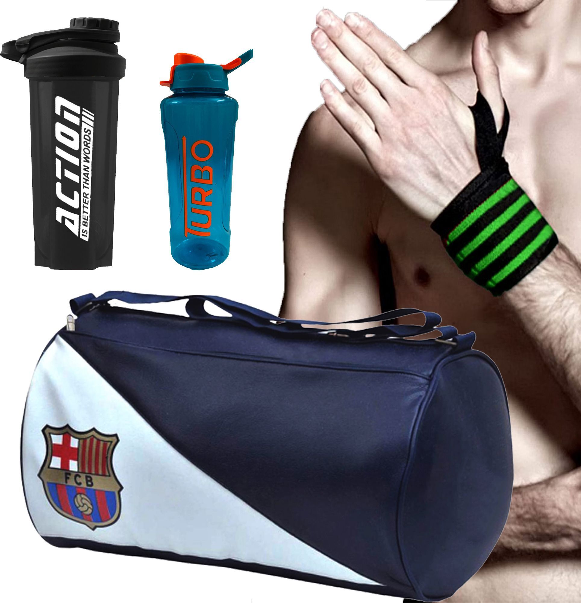Gym Bag Combo With Acton Shaker With Wrist Support &Turbo Sipper Home Gym Kit Fitness Accessory Kit Kit-image-44