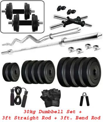 30 kg GYM KIT WITH 3FT CURL ROD AND 3 FT STRAIGHT ROD AND ACCESSORIES Home Gym Combo