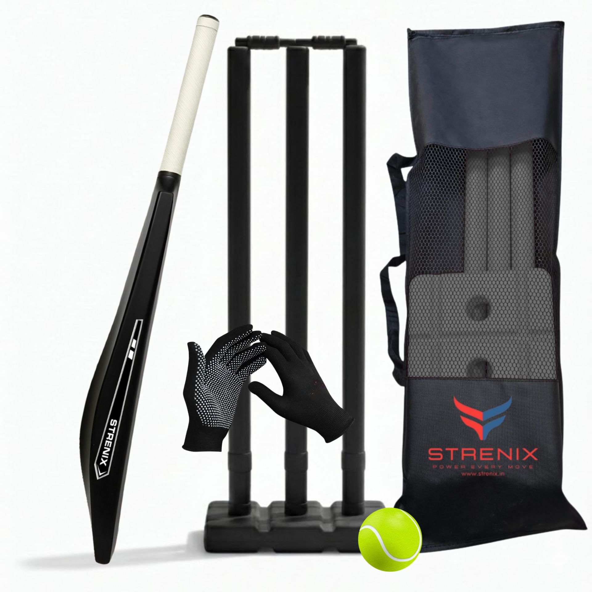 8 No Black Bat & Full Size Stumps Kit with Ball, Gloves & Carry Bag Cricket Kit