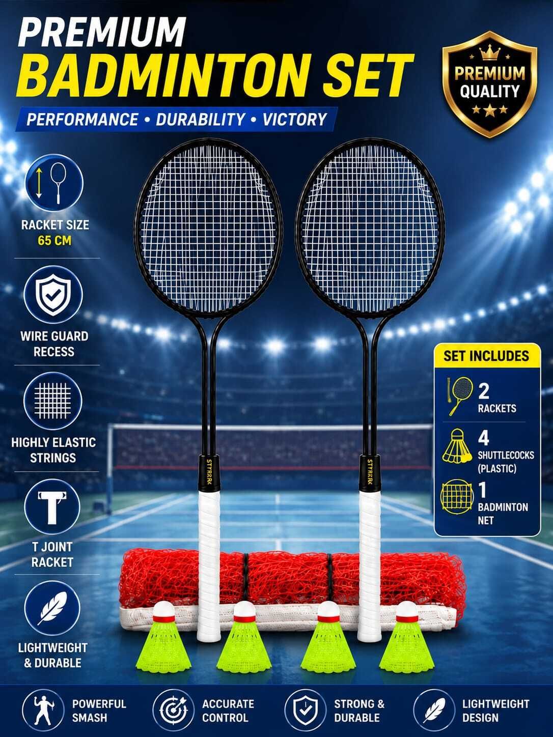styrkr Double Shaft Racquets with 4 Shuttles with Net Combo Set Badminton Kit-picture-43