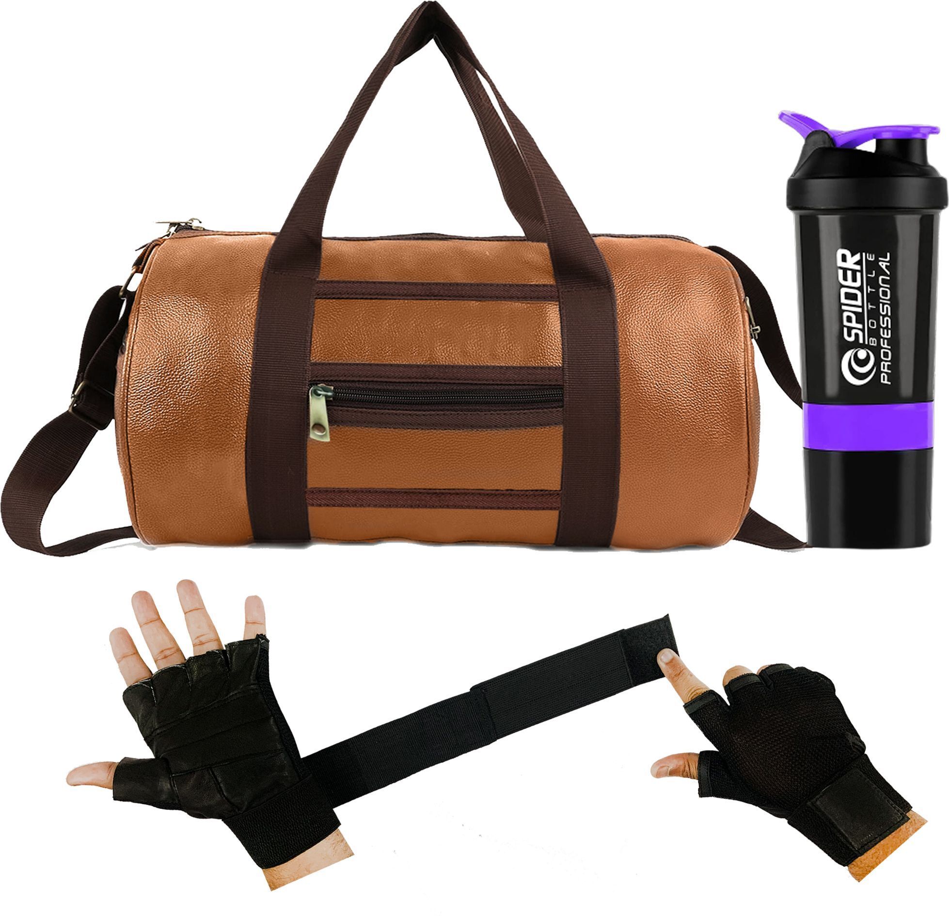 Gym Front Zip Bag Tan Leather Bag Shaker Bottle Gloves with Long Wrist Strap Fitness Accessory Kit Kit-image-8