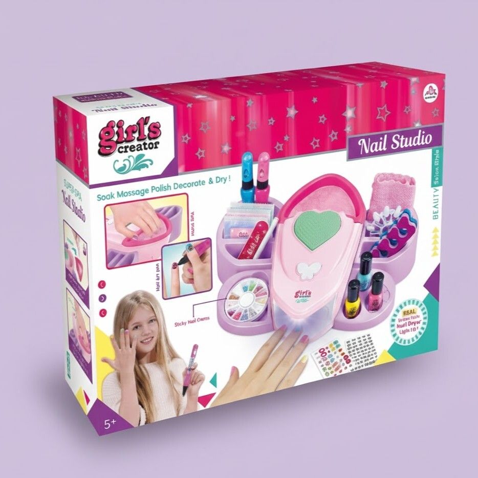 Kids Creative Nail Studio Kit With Polish Dryer Glitter & Tattoo Stickers Set Go Hiking Kit
