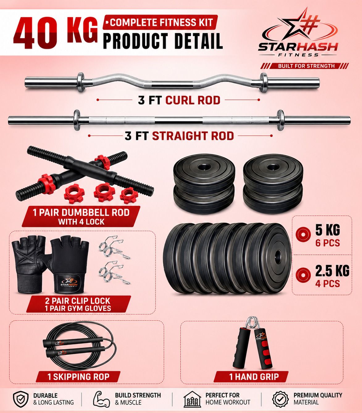 40kg-3ft straight+curl rod, dumbbell rod, pvc plates(5kg*6/2.5kg*4)+Accessories Fitness Accessory Kit Kit-image-42