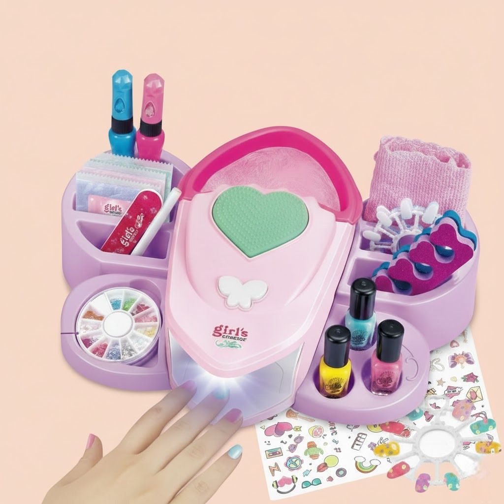 Kids Fun Nail Studio Kit With Polish Mini Dryer & Sparkle Tattoo Set For Girls Hiking Kit