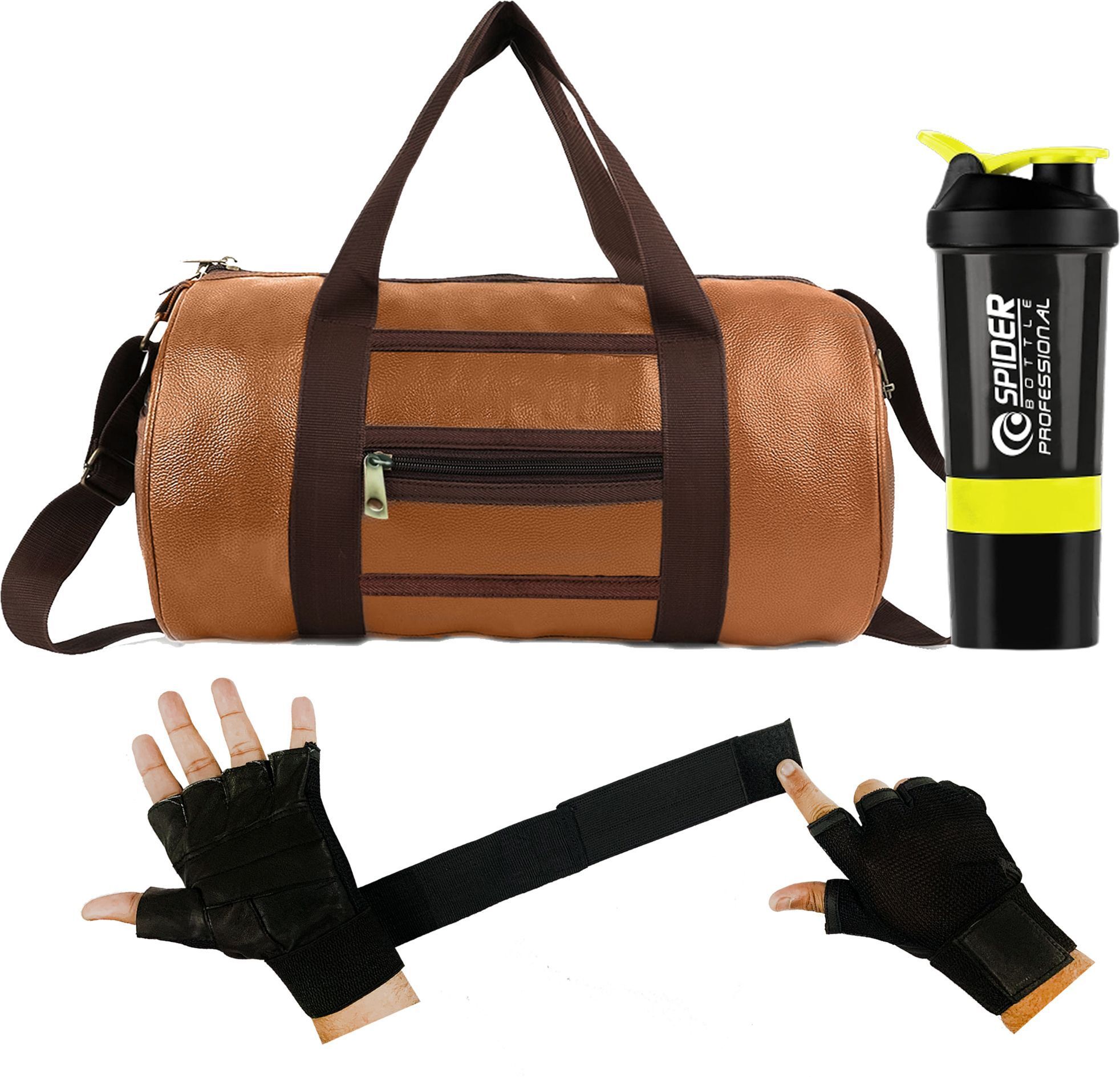 Front Zip Bag Brown Leather Bag Shaker Bottle & Gloves with Long Wrist Strap Fitness Accessory Kit Kit-image-47