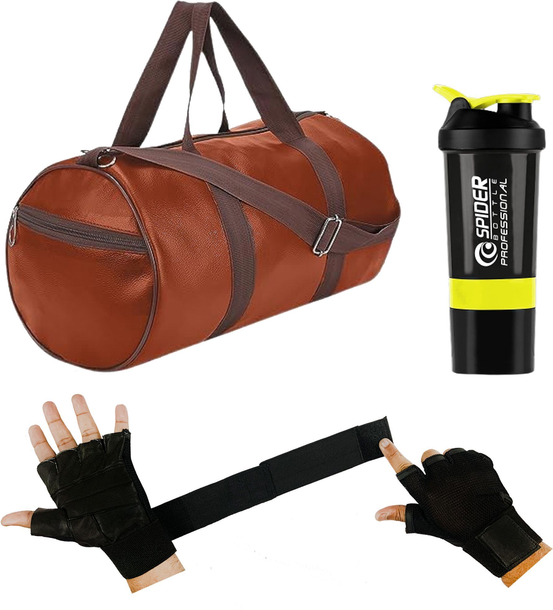 Gym Duffle Bag Tan Leather Bag Shaker Bottle Gloves with Long Wrist Strap Fitness Accessory Kit Kit-image-0
