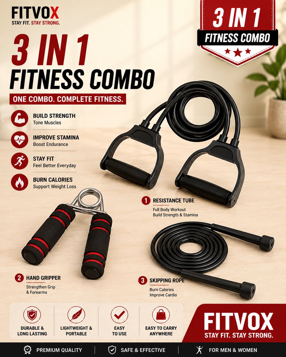 Fitness Pro Combo | Resistance Tube + Hand Gripper + Adjustable Skipping Rope Fitness Accessory Kit Kit-image-15