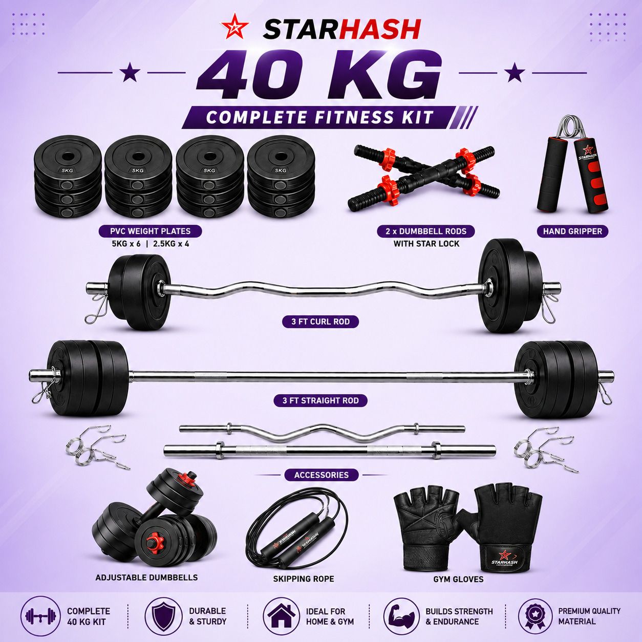 40kg-3ft straight+curl rod, dumbbell rod, pvc plates(5kg*6/2.5kg*4)+Accessories Fitness Accessory Kit Kit-image-40