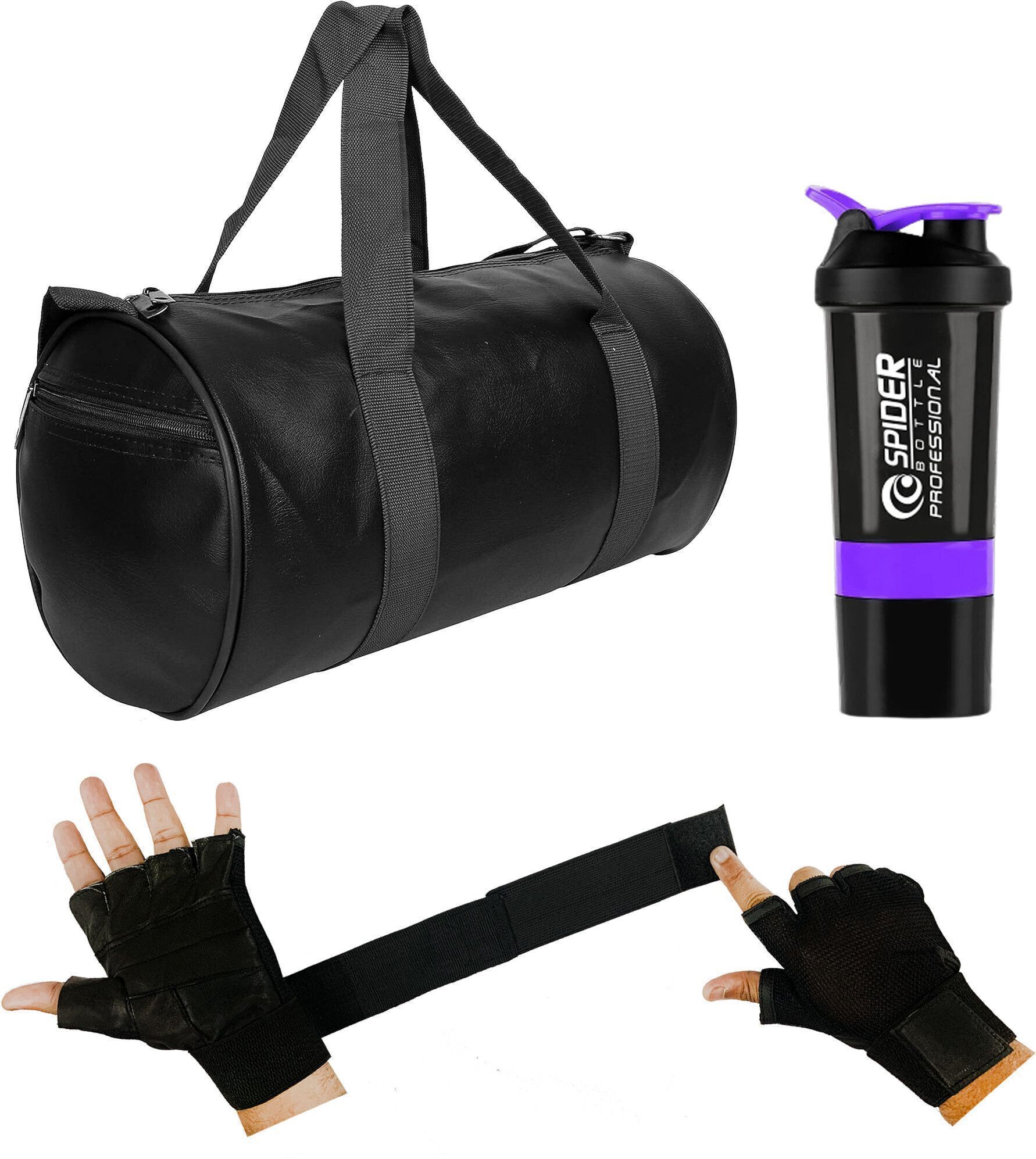 Gym Duffle Bag Black Leather Bag Shaker Bottle Gloves with Long Wrist Strap Fitness Accessory Kit Kit-image-11