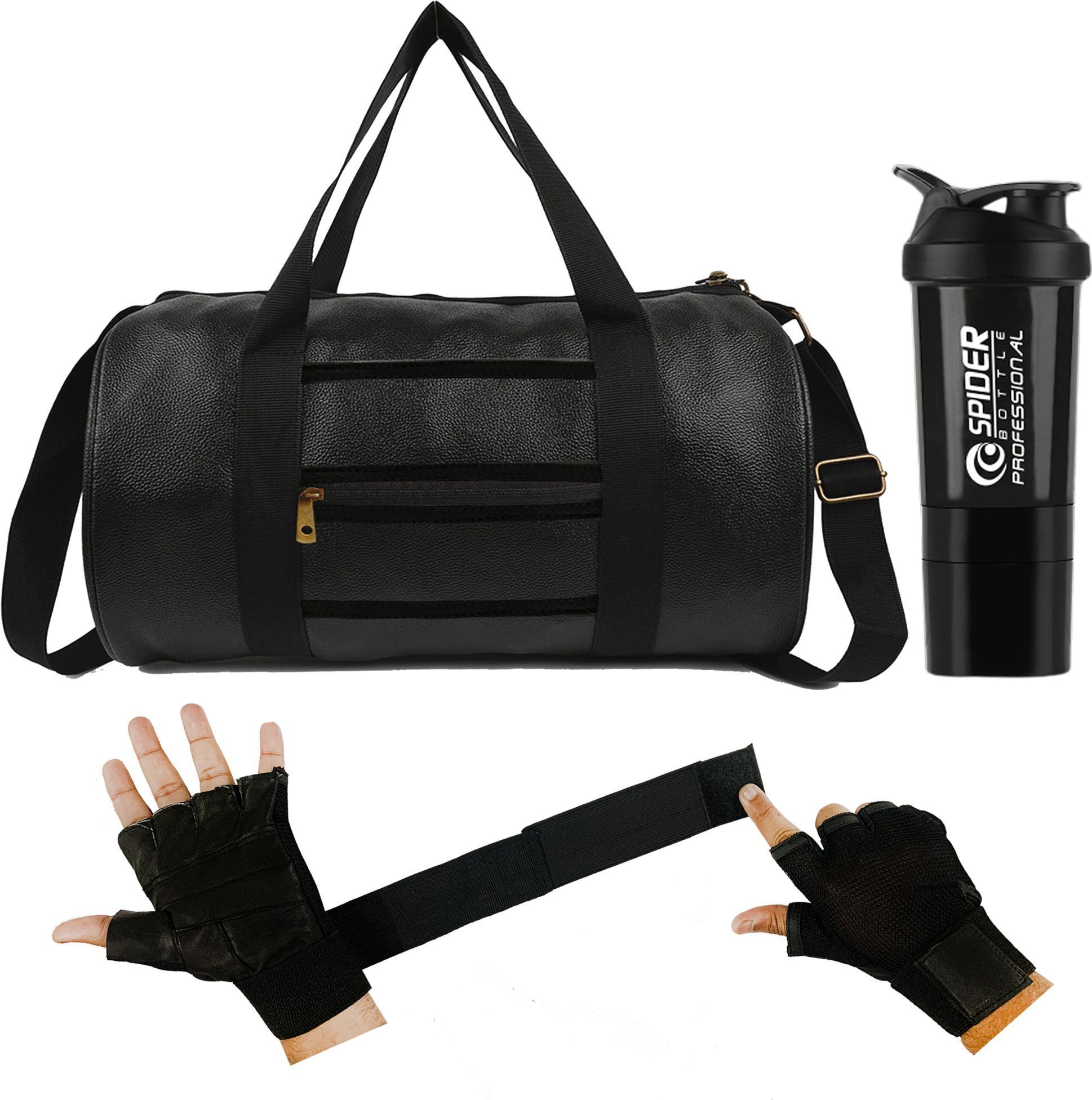 Gym Front Zip Bag Black Leather Bag Shaker Bottle Gloves with Long Wrist Strap Fitness Accessory Kit Kit-image-5