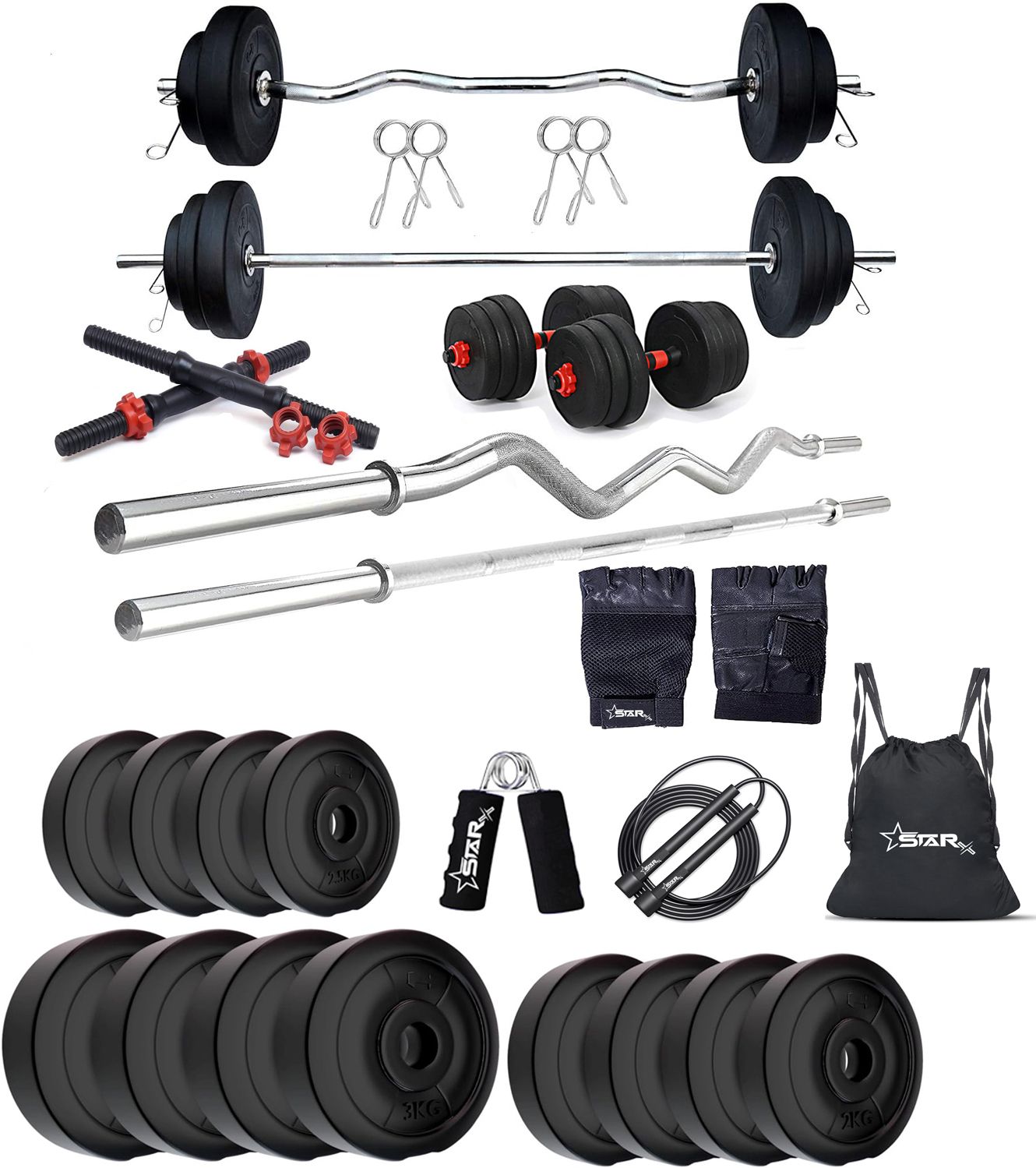 30 kg 30KG PVC GYM KIT WITH 3FT CURL, 3FT STRAIGHT ROD AND ACCESSORIES Home Gym Combo