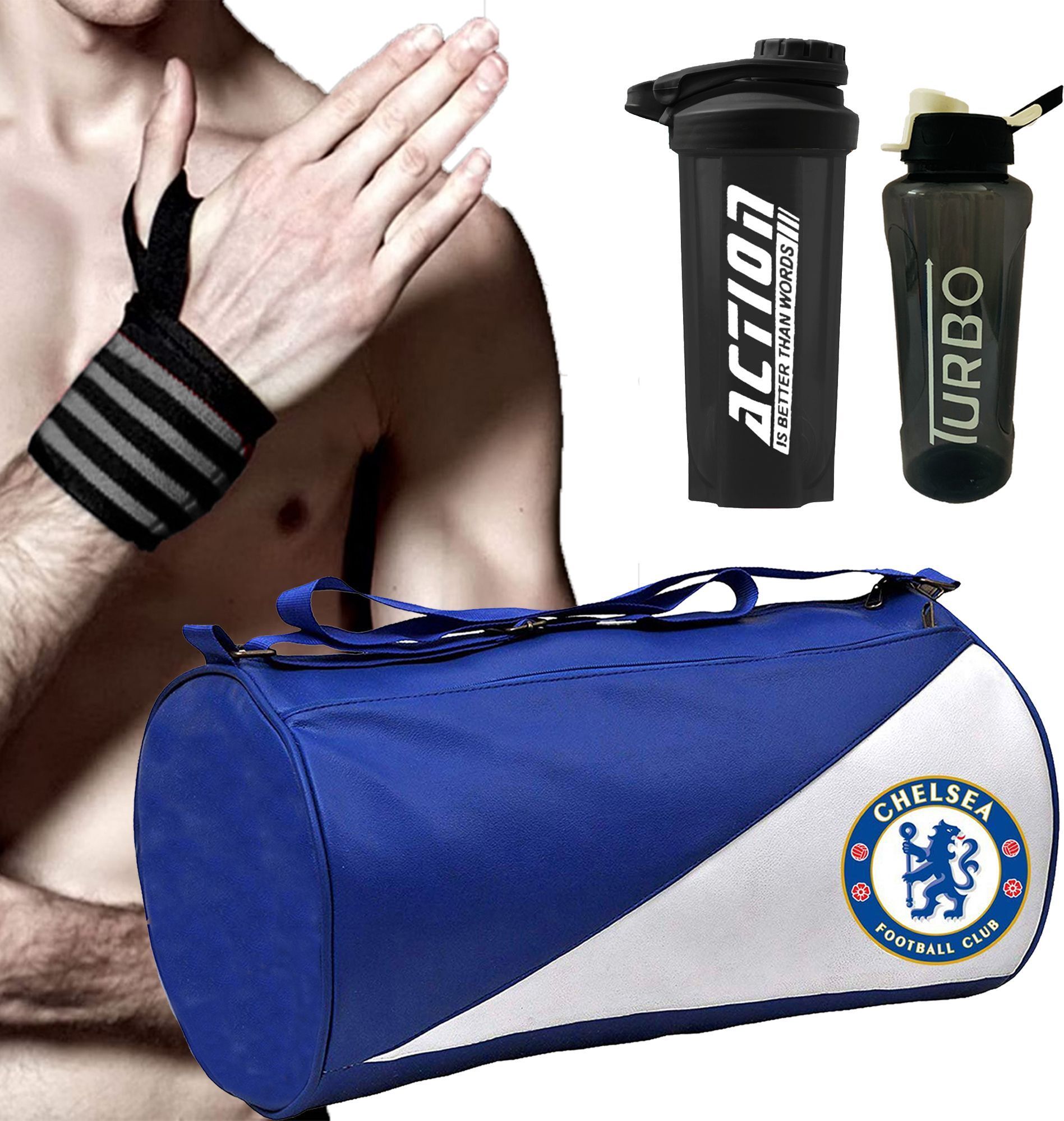 Gym Bag Combo With Acton Shaker With Wrist Support &Turbo Sipper Home Gym Kit Fitness Accessory Kit Kit-image-43