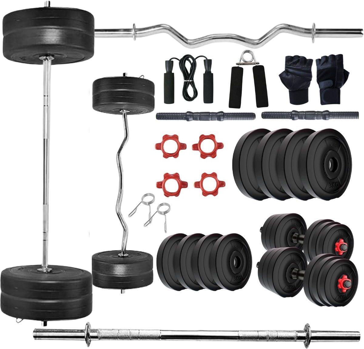 20kg PVC Gym Combo - Dumbbell Rod, 3ft Curl & 3ft Straight Rod, Accessories Adjustable Dumbbell