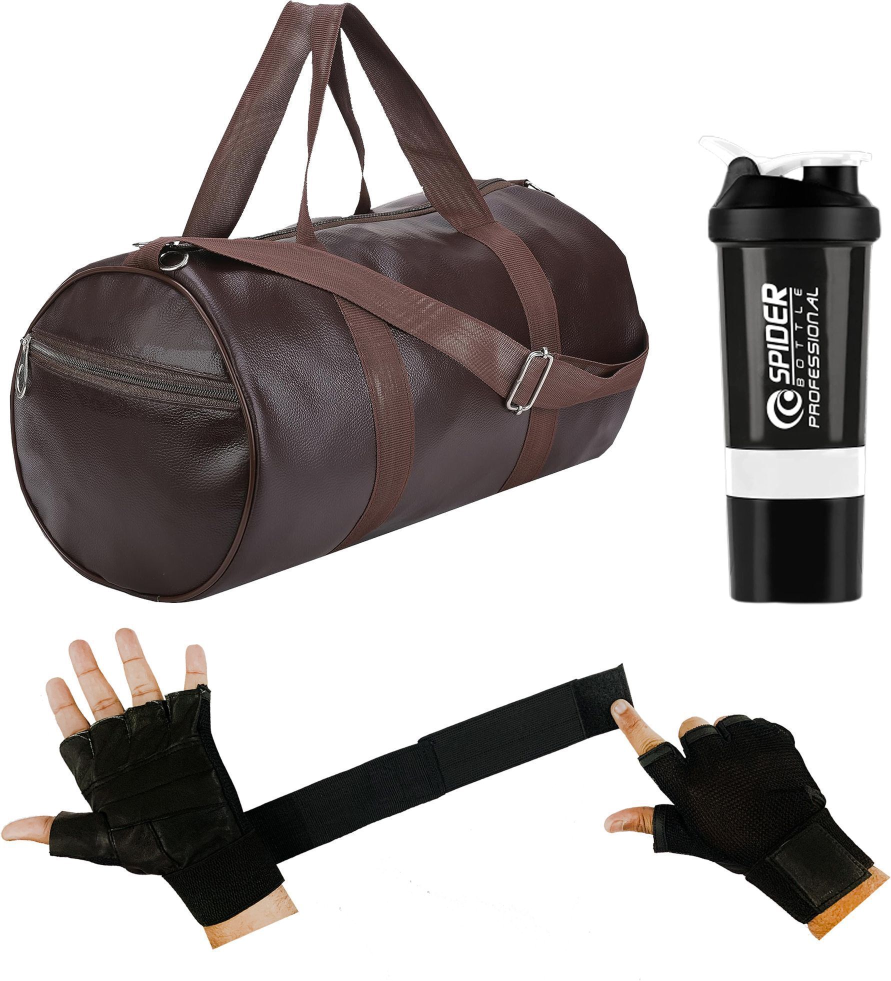 Gym Duffle Bag Brown Leather Bag Shaker Bottle Gloves with Long Wrist Strap Fitness Accessory Kit Kit-image-9