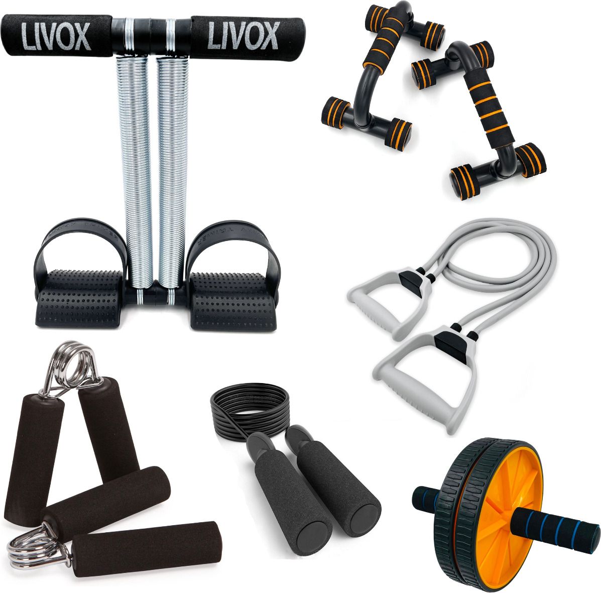 Tummy Trimmer, Pushup Bar, Ab Wheel And Toning Tube, Skipping Rope, 2 Hand Grips Fitness Accessory Kit Kit