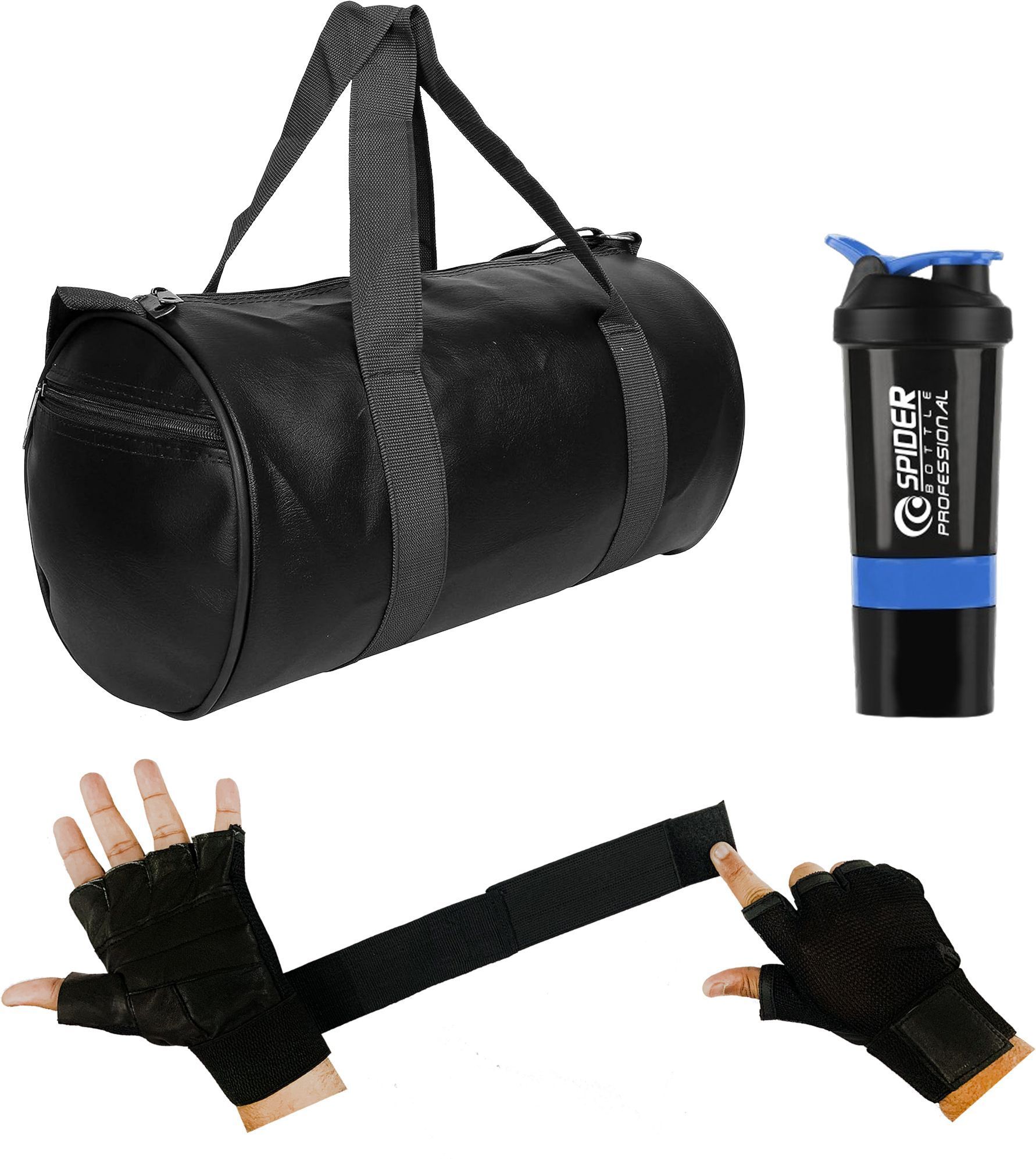 Gym Duffle Bag Black Leather Bag Shaker Bottle Gloves with Long Wrist Strap Fitness Accessory Kit Kit-image-0