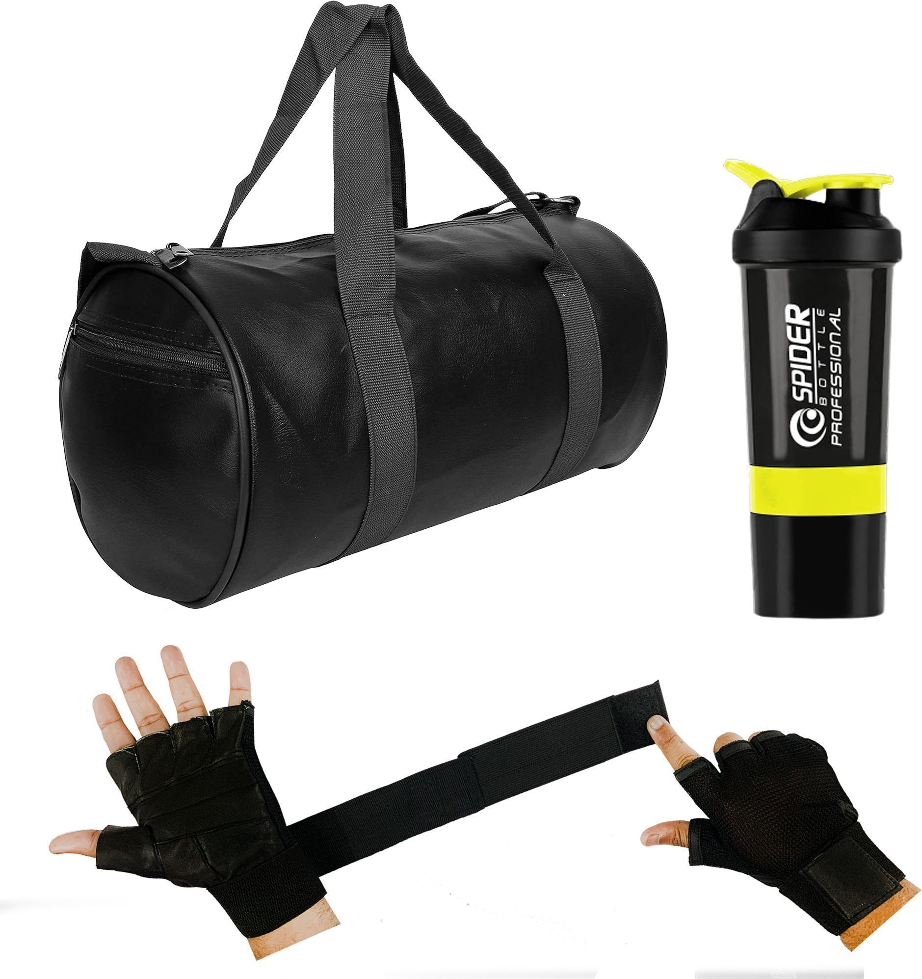 Gym Duffle Bag Black Leather Bag Shaker Bottle Gloves with Long Wrist Strap Fitness Accessory Kit Kit-image-10