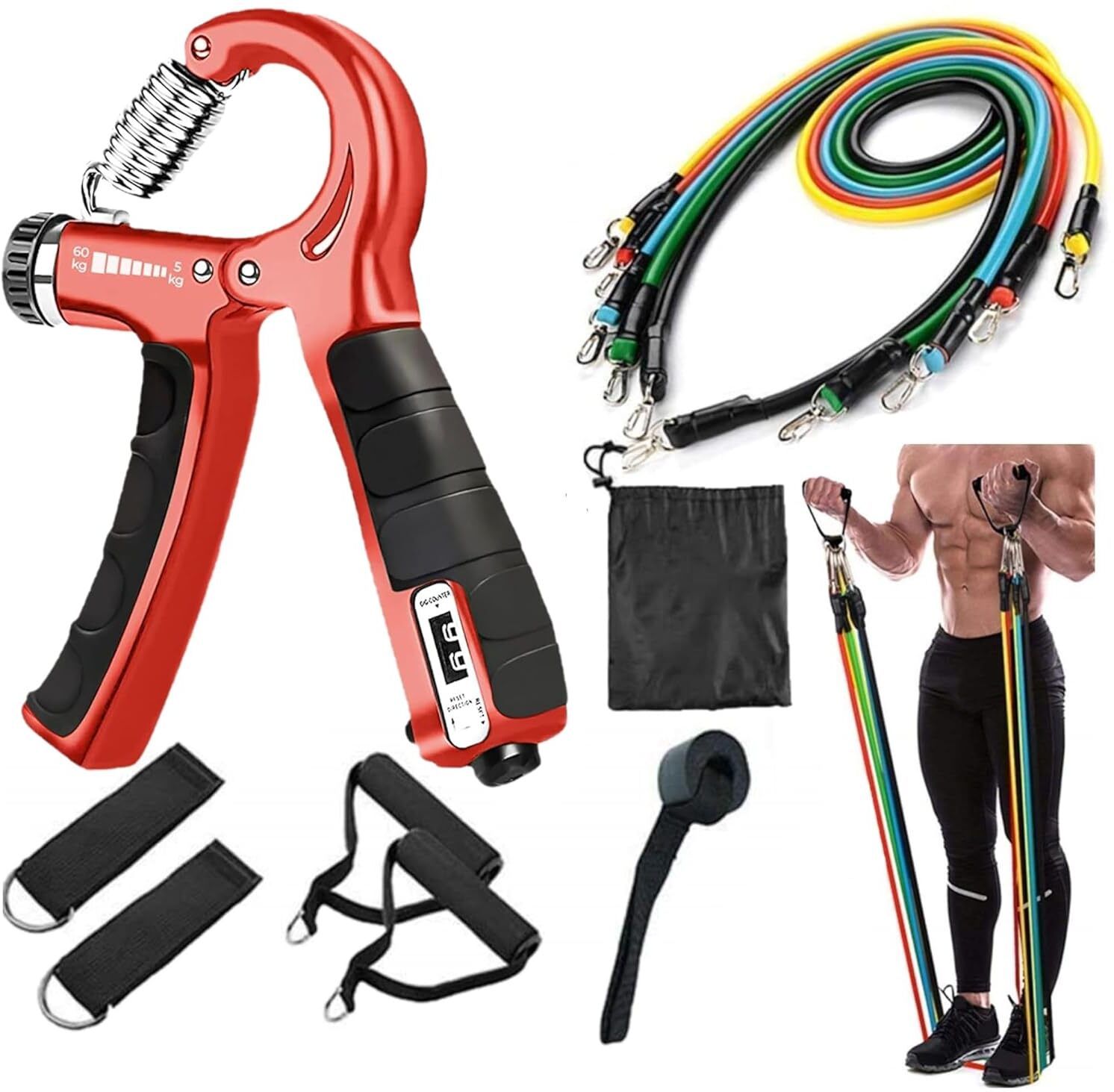 Counter Hand Gripper with 11 pc Resistance Band Set for Body Workout Equipment Fitness Accessory Kit Kit-image-35